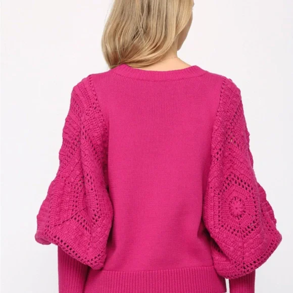 🩷FATE HOT PINK BARBIE CORE HAND KNIT CROCHET BALLOON SLEEVE SWEATER SIZE MEDIUM - Picture 3 of 13